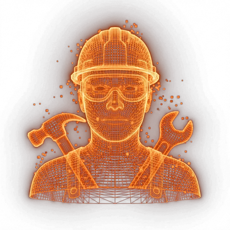 Handwerker mit Helm, Hammer und Schraubenschlüssel — Sinnbild für den Handwerksbetrieb