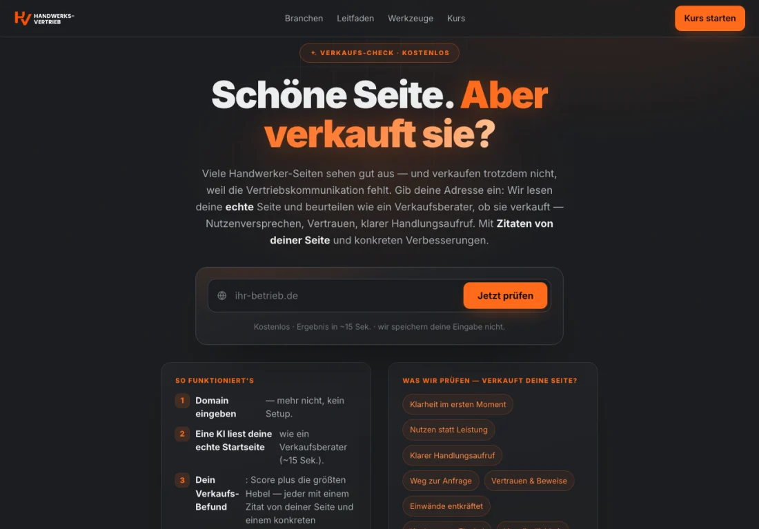 Verkaufs-Check: Domain rein, die KI urteilt ob die Seite verkauft